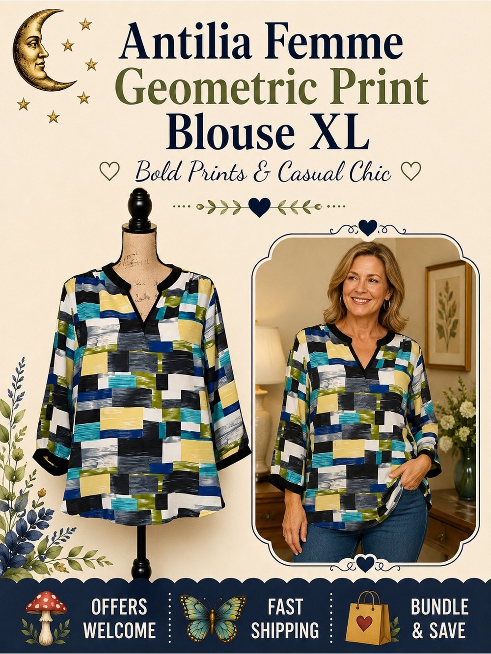 Antilia Femme XL Geometric Print 3/4 Sleeve Blouse Top